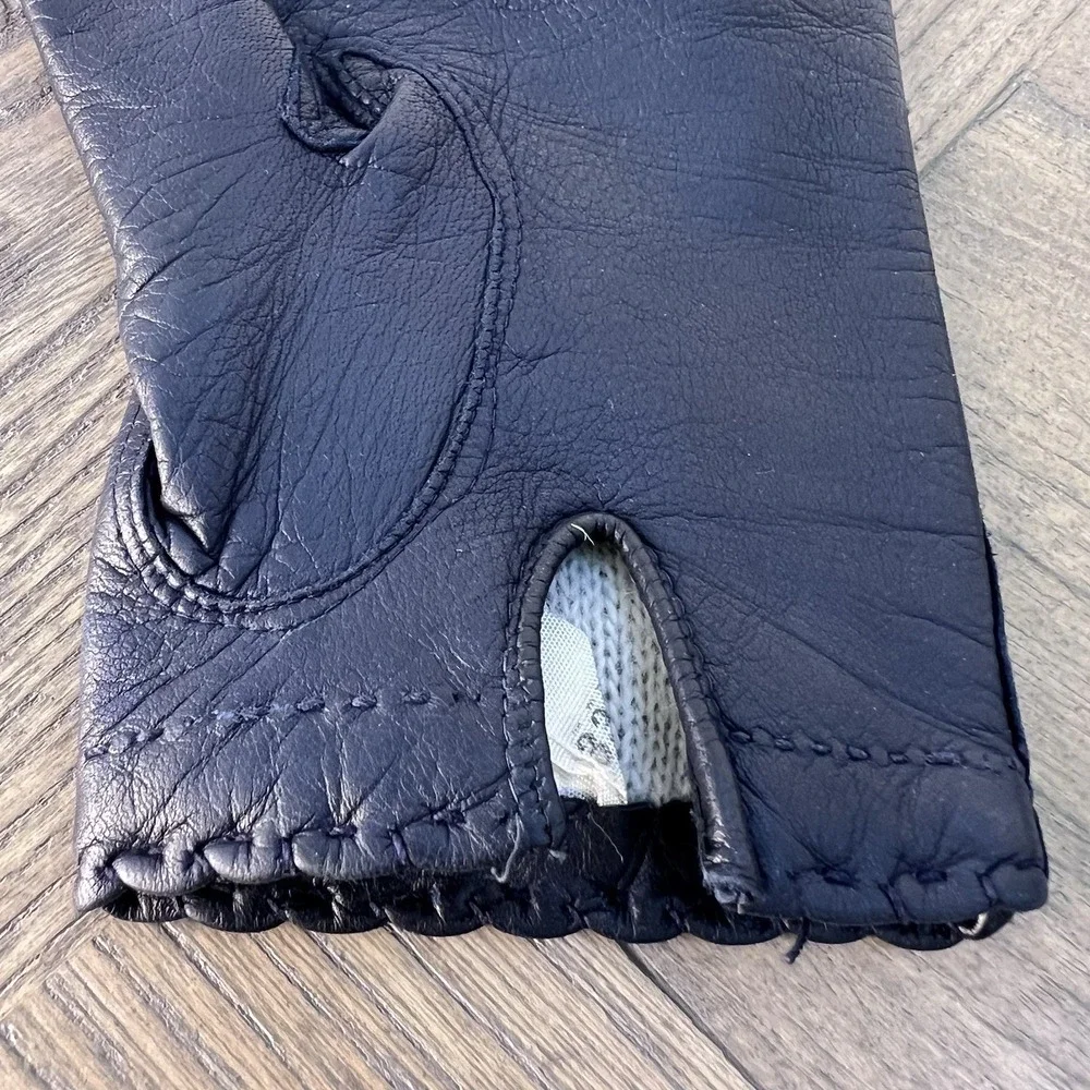 Vintage Black Leather Gloves Size 6.5 Knit Lined Hand Stitched Made in Italy